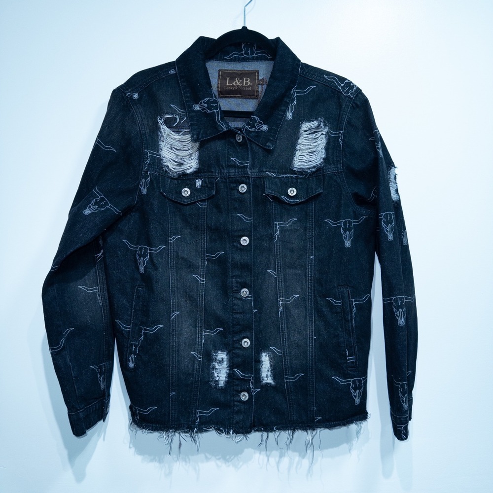 New Lucky &‎ Blessed Black Distressed Skull Denim Jacket Size Small